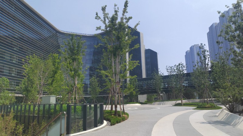Immeuble de bureaux moderne en verre incurvé, entouré d’arbres