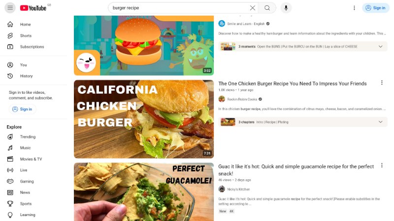 Page de résultats de recherche YouTube pour « burger recipe », trois miniatures de vidéos culinaires alignées